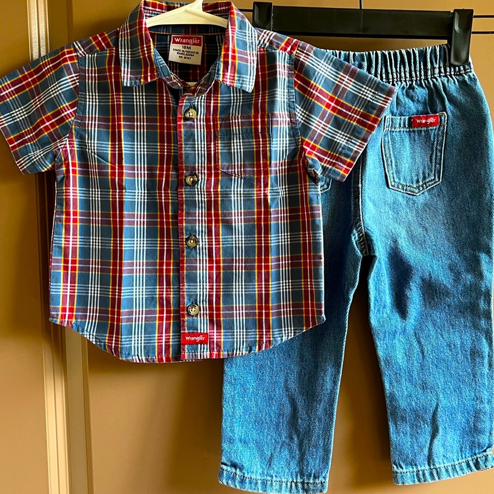 Wrangler Toddler Boy Short Sleeve Button-Up Plaid Shirt w/ Jeans Size 18 Months